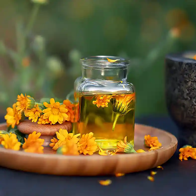 Calendula flowers next to glass jar and mortar and pestle