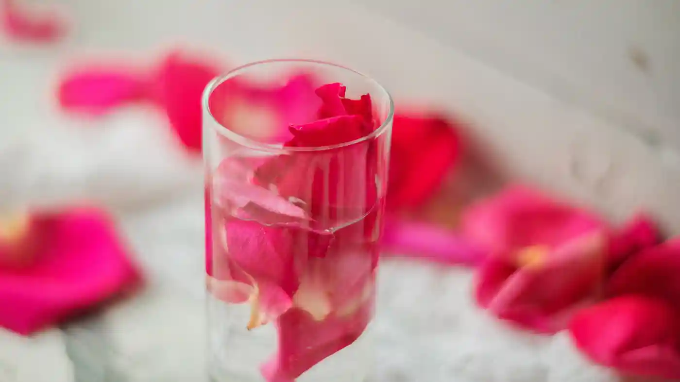 Dark pink rose petals in thin glass surrounded with more petals