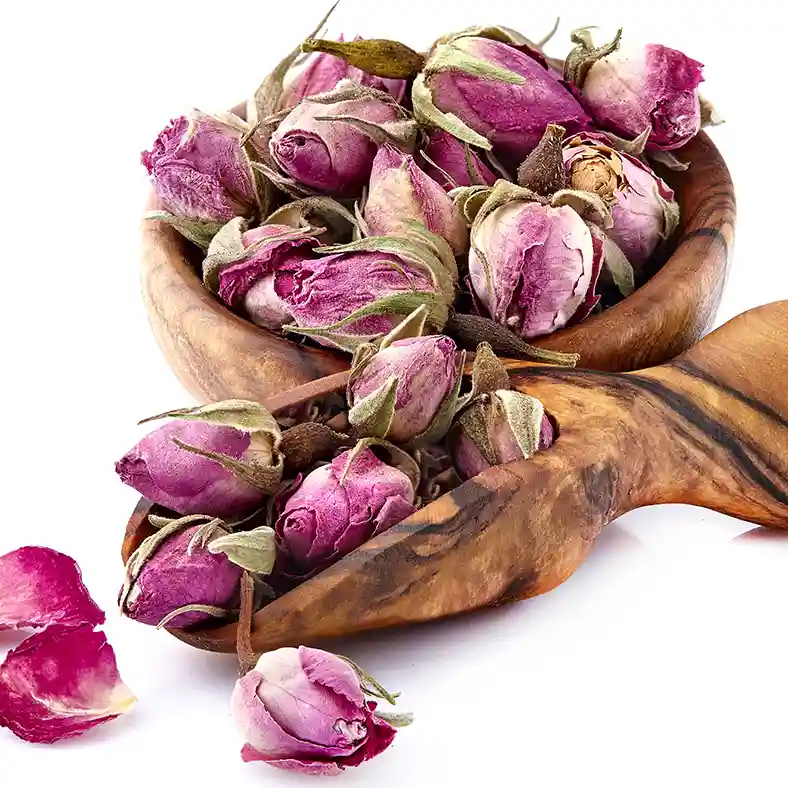 Dried Roses in wooden bowl